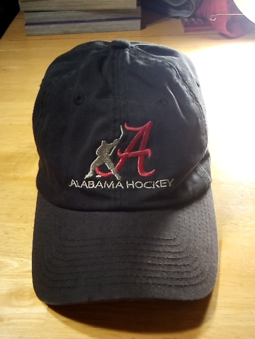 Alabama Hockey Embroidered Black Baseball Cap Crimson Logo White Lettering AL